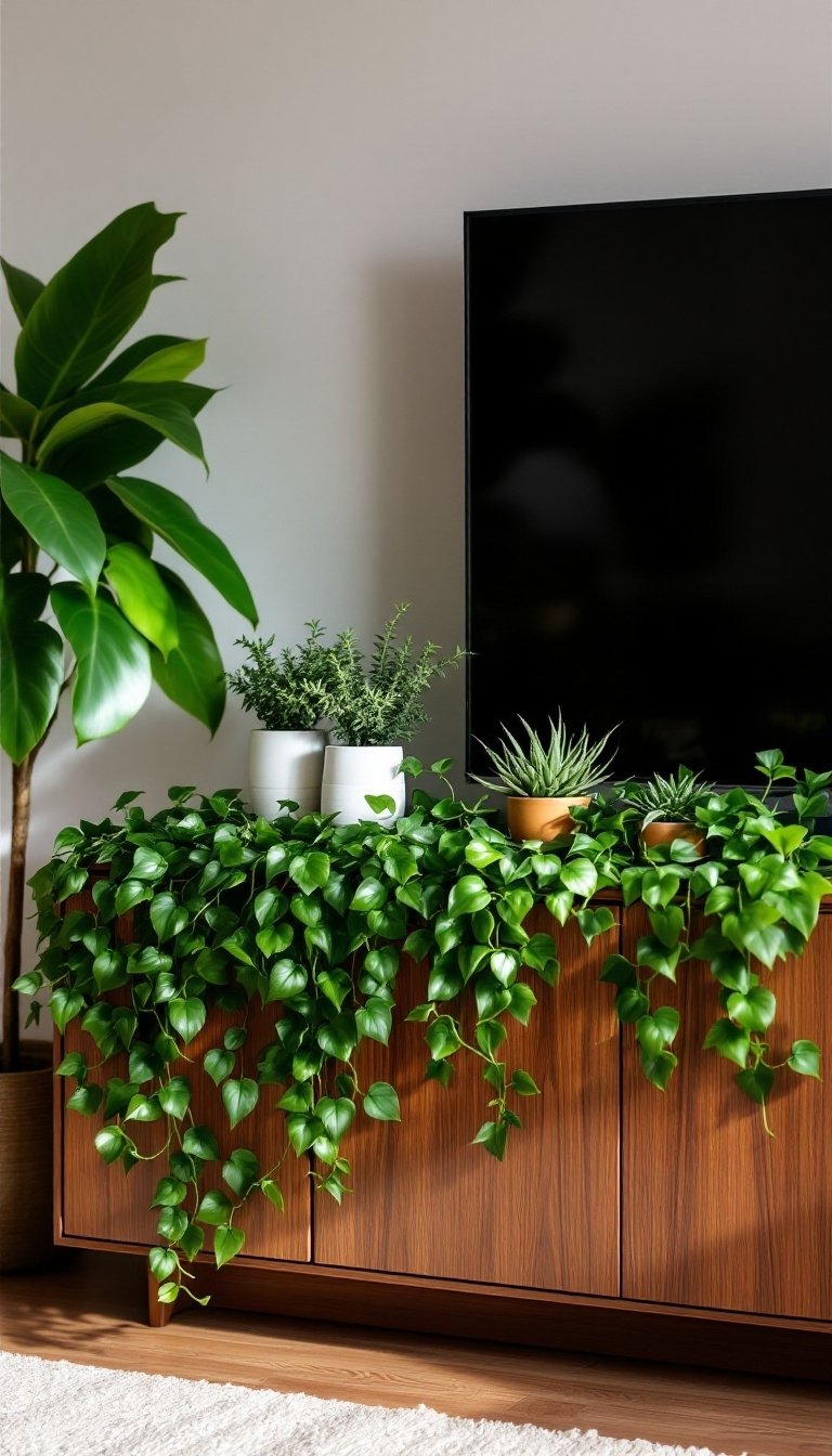 21 Tv Stand Decor Ideas 3 Add plants for freshness