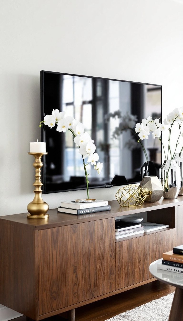 21 Tv Stand Decor Ideas 18 Add shiny metal highlights