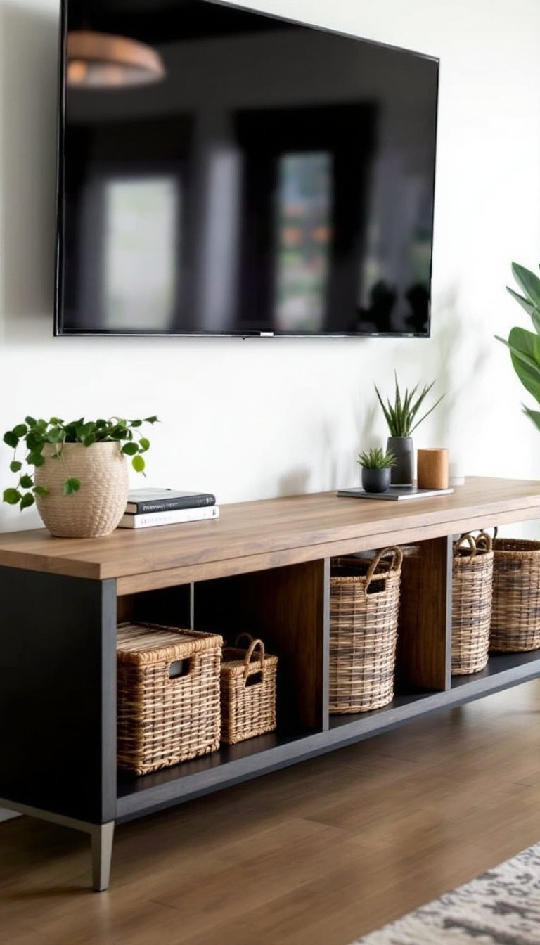 21 Tv Stand Decor Ideas 10 Baskets for organized storage
