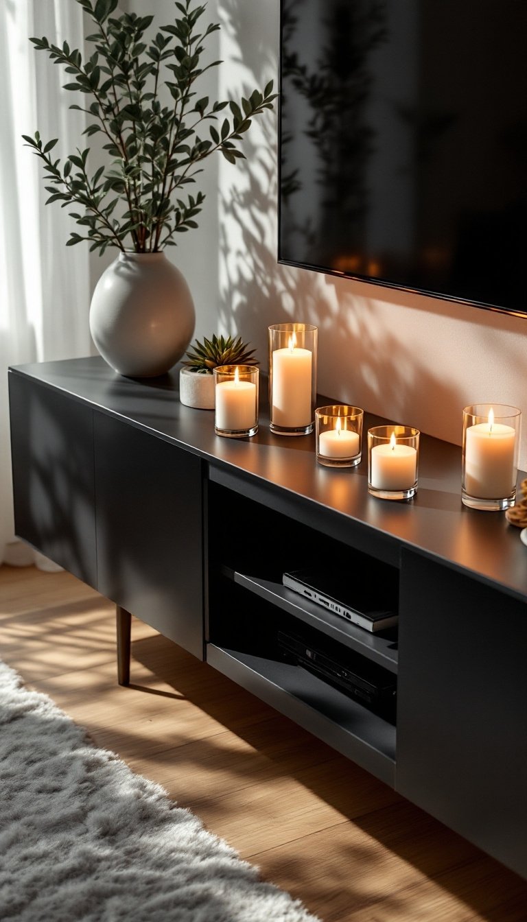 21 Tv Stand Decor Ideas 16 Create cozy atmosphere candles