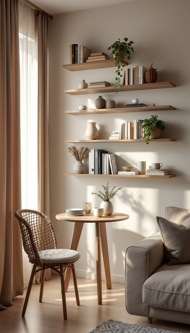 15 Small Living Room/Dining Room Combo Ideas 8 Mount shelves on walls