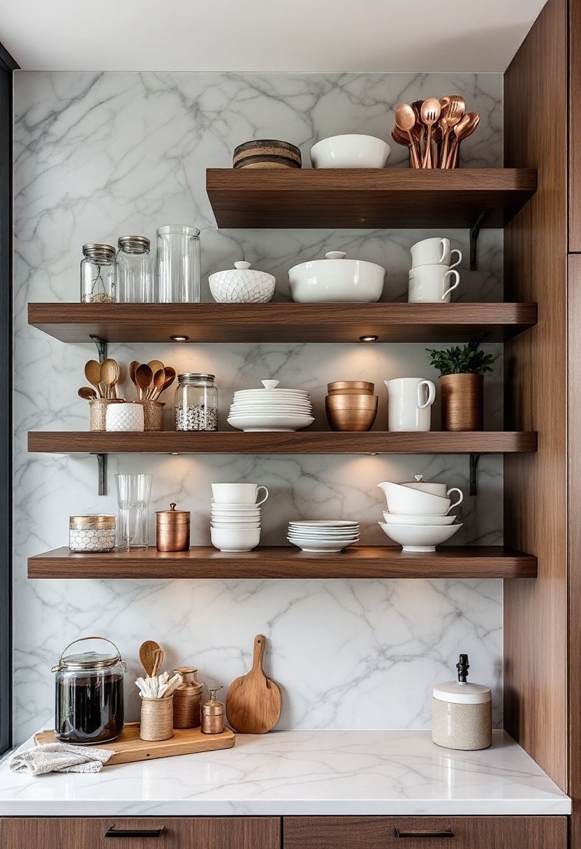 20 Stylish Kitchen Open Shelving Ideas 16 Asymmetrical shelf styling tips