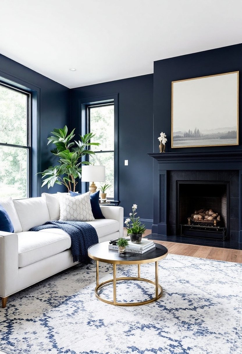 15 Must-Try Living Room Color Scheme Ideas 3 Bold navy crisp white