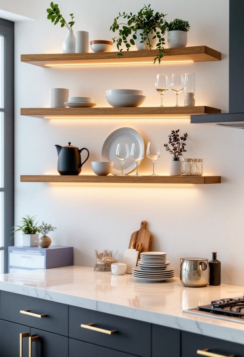 20 Stylish Kitchen Open Shelving Ideas 4 Brighten open shelves elegantly