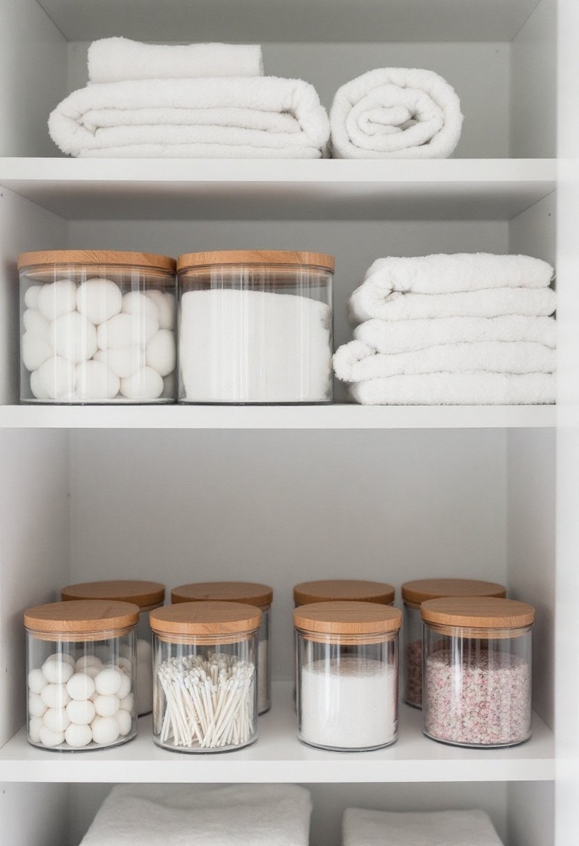 17 Easy Bathroom Closet Organization Tips 12 Cohesive storage container solution