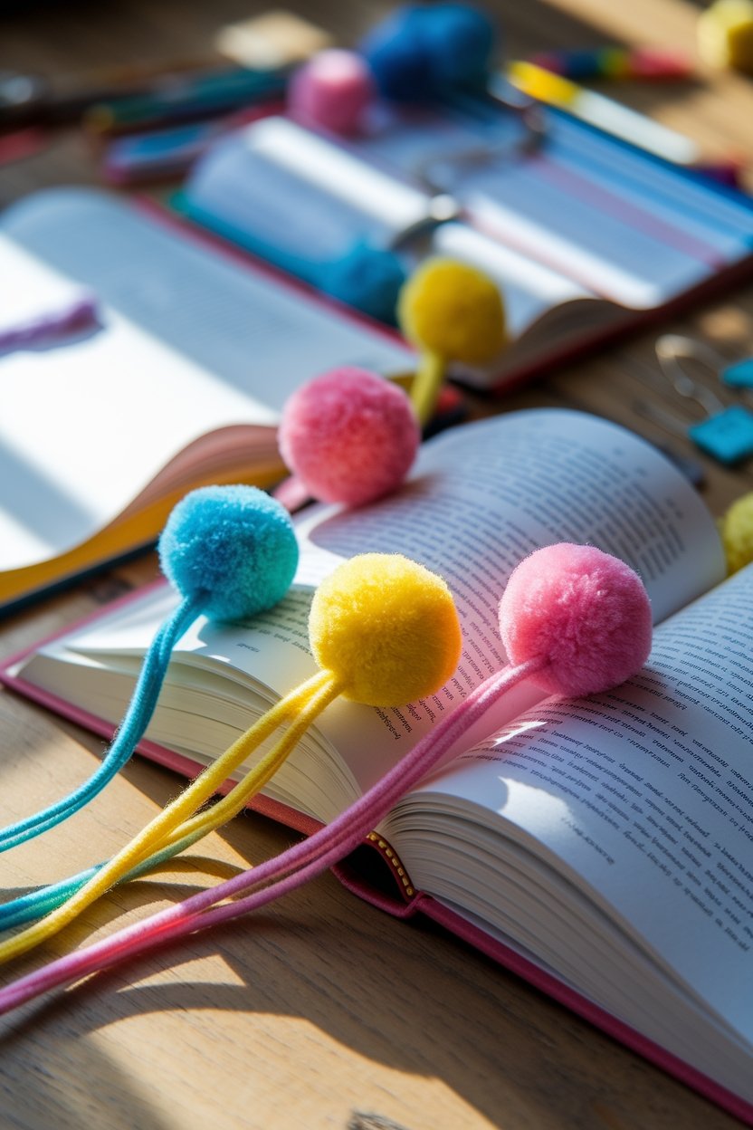 12 Fun Pom Pom Crafts To Brighten Up Your Day 4 Colorful pom pom bookmarks