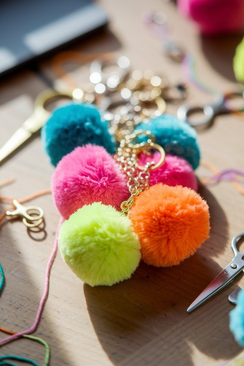 12 Fun Pom Pom Crafts To Brighten Up Your Day 3 Colorful pom pom keychains