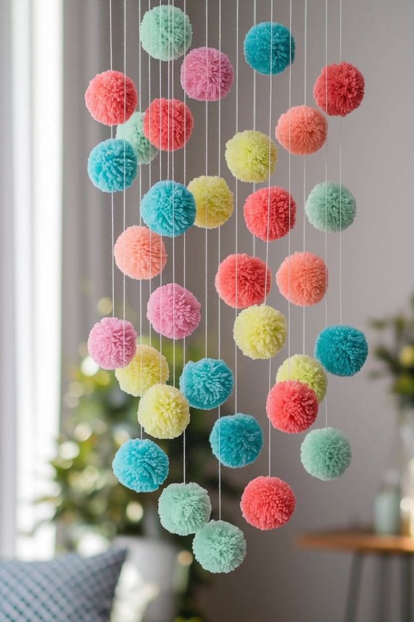 12 Fun Pom Pom Crafts To Brighten Up Your Day 11 Colorful pom pom mobile