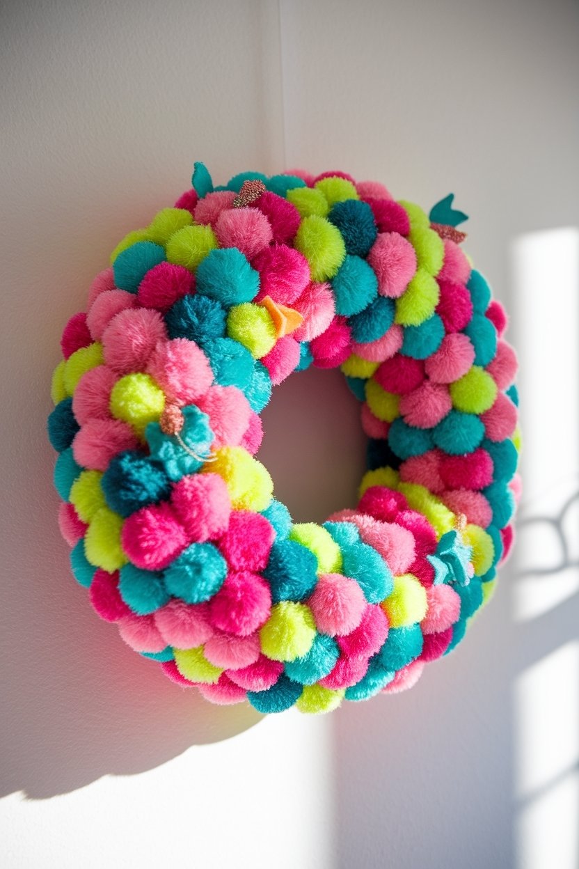 12 Fun Pom Pom Crafts To Brighten Up Your Day 12 Colorful pom pom wreath