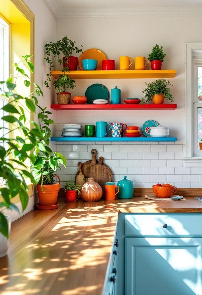20 Stylish Kitchen Open Shelving Ideas 11 Colorful shelves add personality