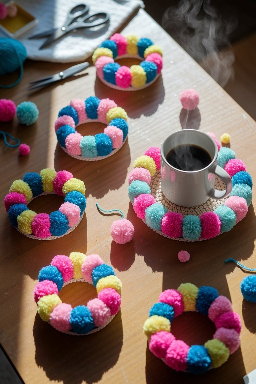 12 Fun Pom Pom Crafts To Brighten Up Your Day 8 Colorful yarn ball coasters