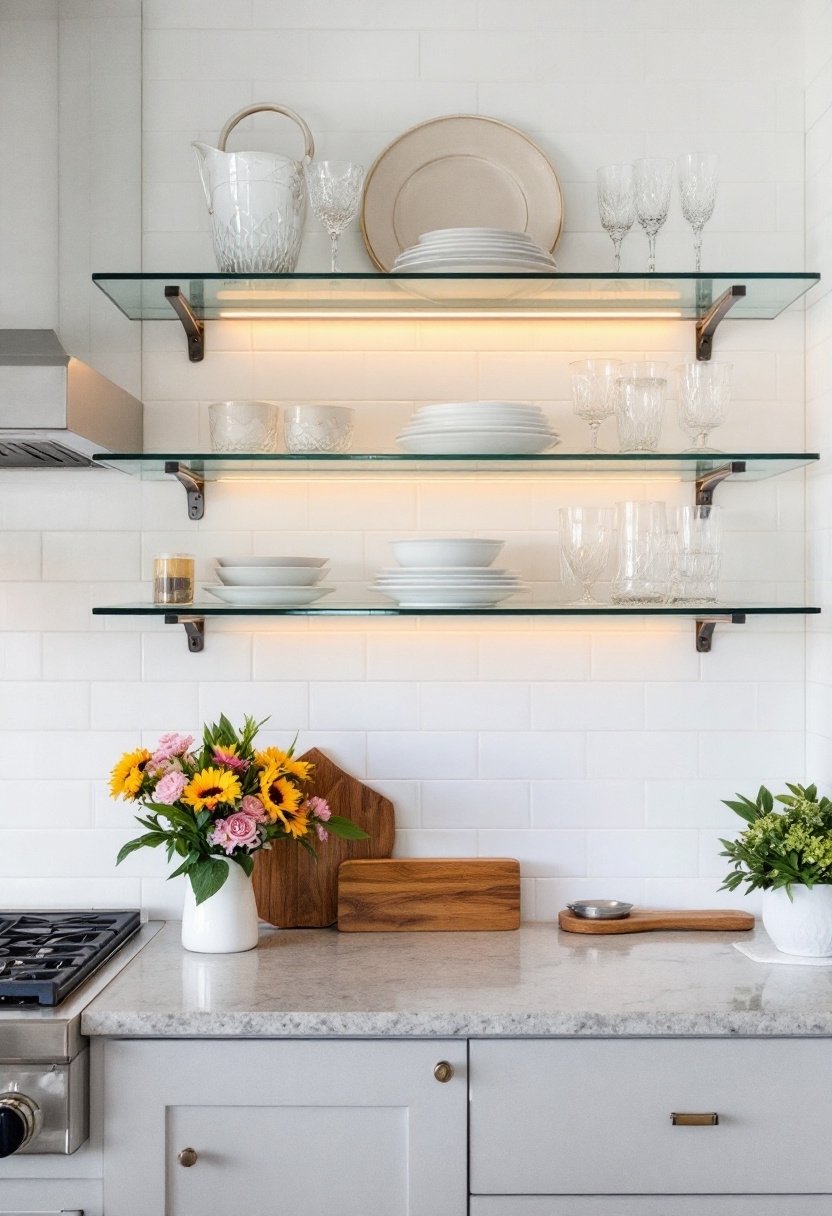20 Stylish Kitchen Open Shelving Ideas 7 Elegant glass shelf display