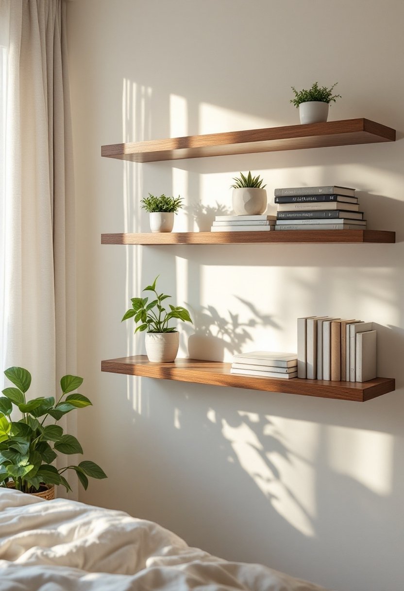 15 Budget-Friendly Small Bedroom Makeover Ideas 4 Floating shelves for organization
