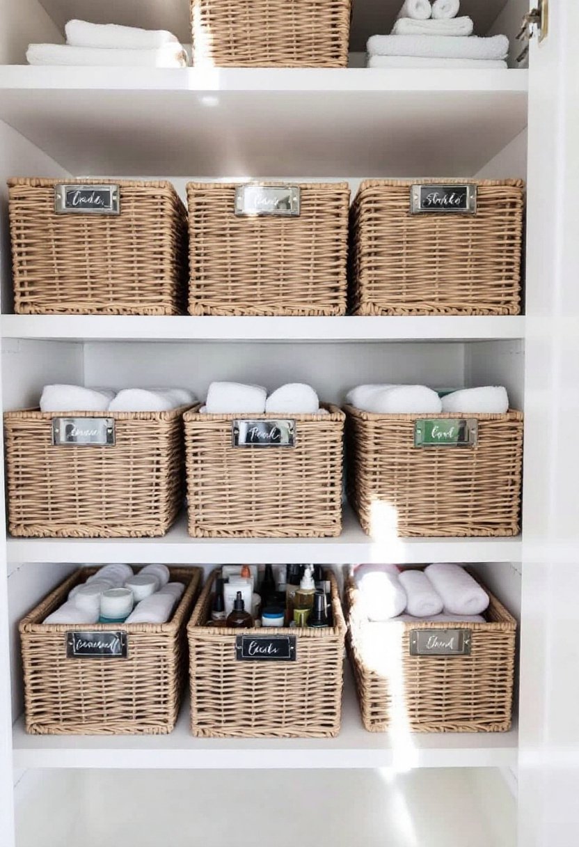 17 Easy Bathroom Closet Organization Tips 6 Labeled baskets for organization