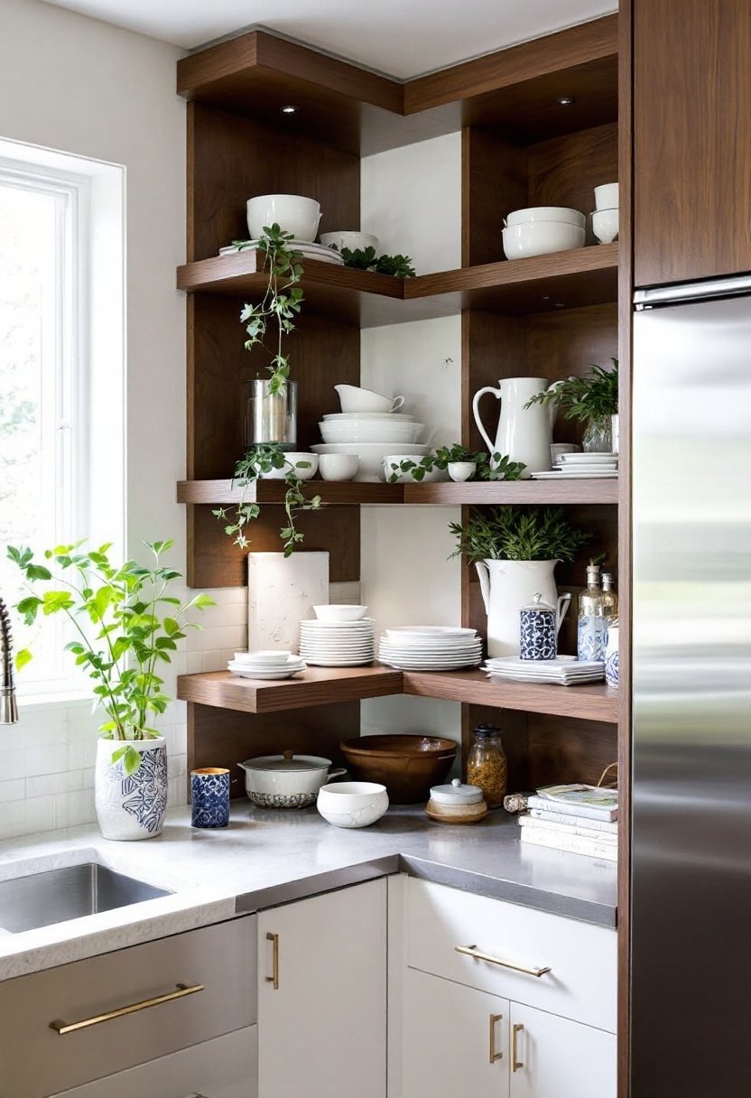 20 Stylish Kitchen Open Shelving Ideas 6 Maximize corner kitchen storage
