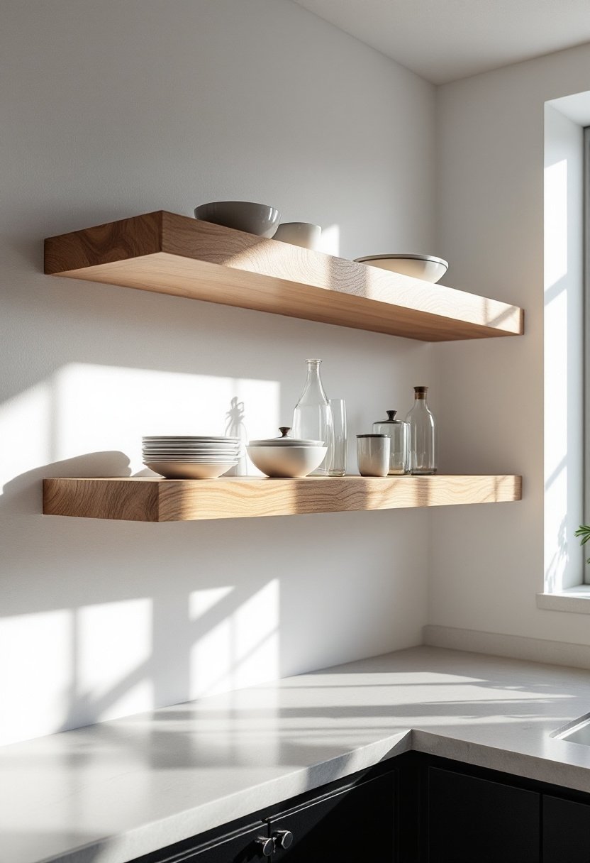 20 Stylish Kitchen Open Shelving Ideas 2 Minimalist floating wood shelves