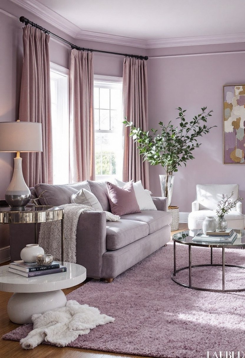 15 Must-Try Living Room Color Scheme Ideas 13 Muted lavender complements taupe