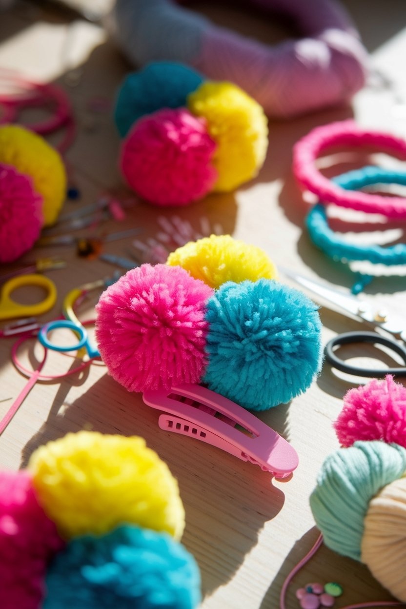 12 Fun Pom Pom Crafts To Brighten Up Your Day 9 Pom pom hair accessories fun