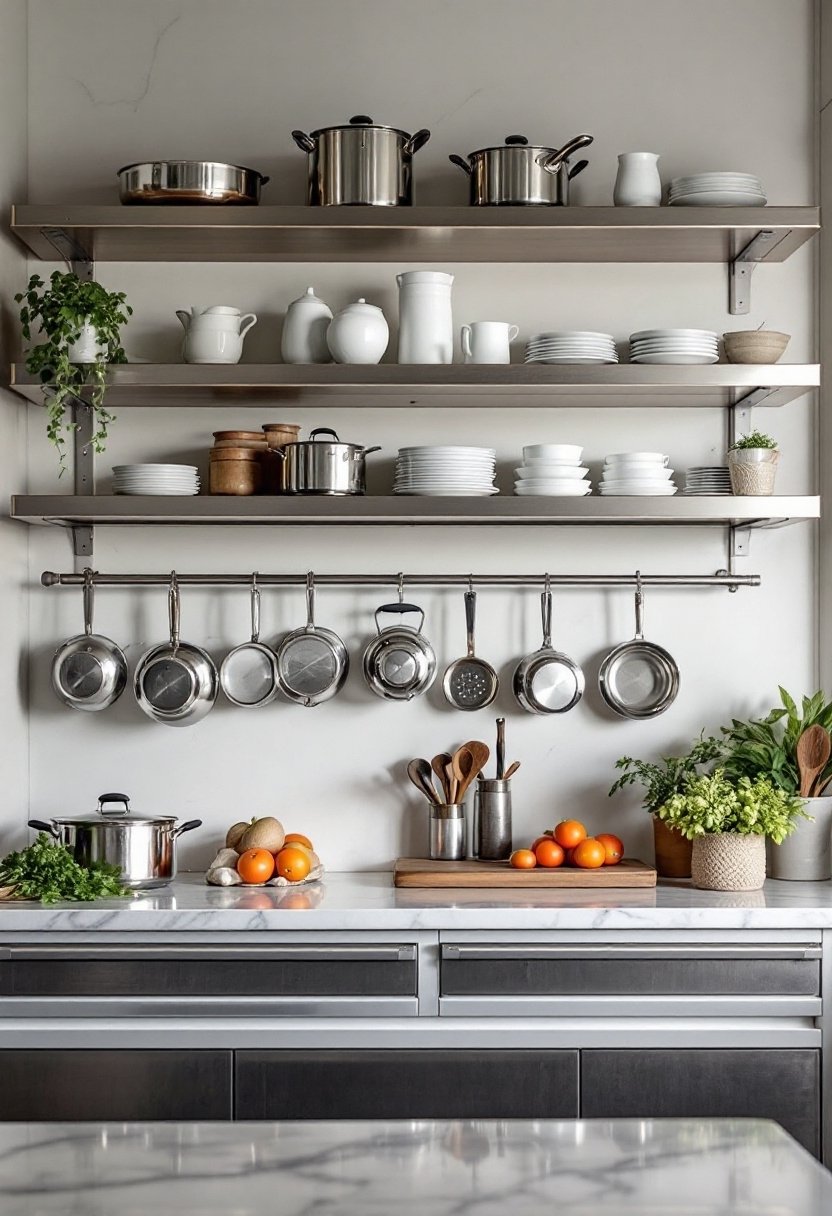 20 Stylish Kitchen Open Shelving Ideas 13 Sleek stainless steel shelves