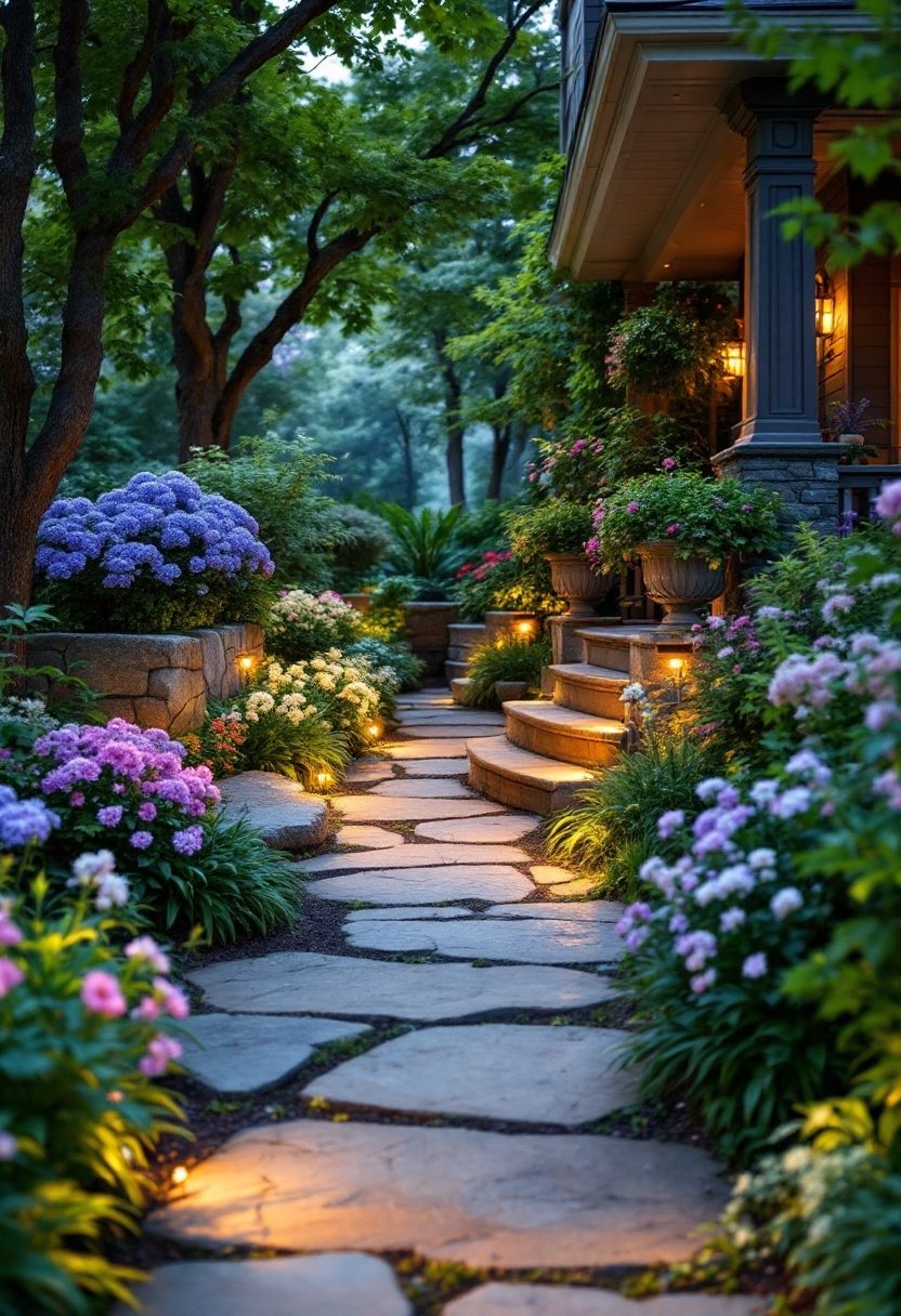 15 Front Porch Landscaping Ideas For Curb Appeal 4 Soft lighting enhances walkways