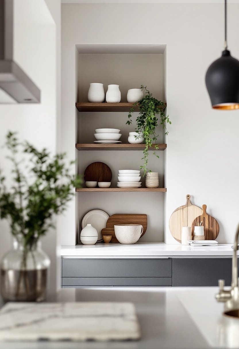 20 Stylish Kitchen Open Shelving Ideas 18 Streamlined recessed wall shelves