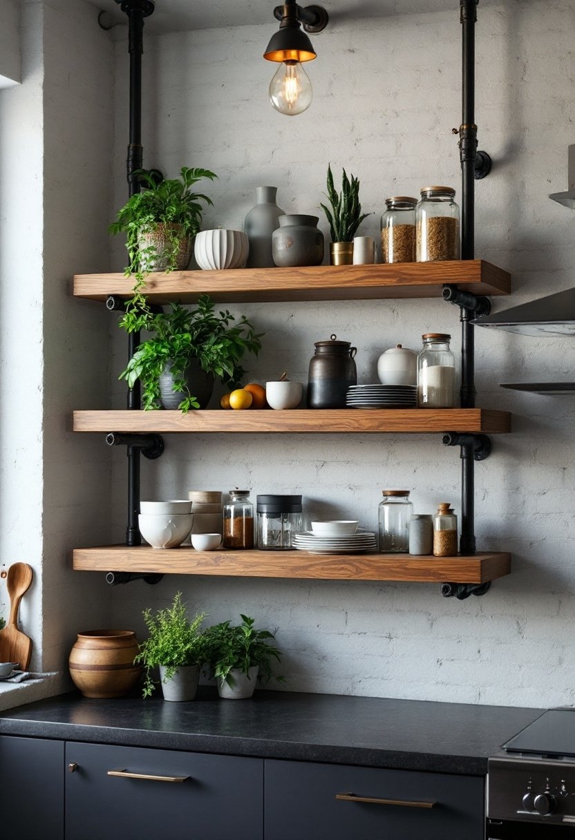 20 Stylish Kitchen Open Shelving Ideas 3 Stylish industrial pipe shelving