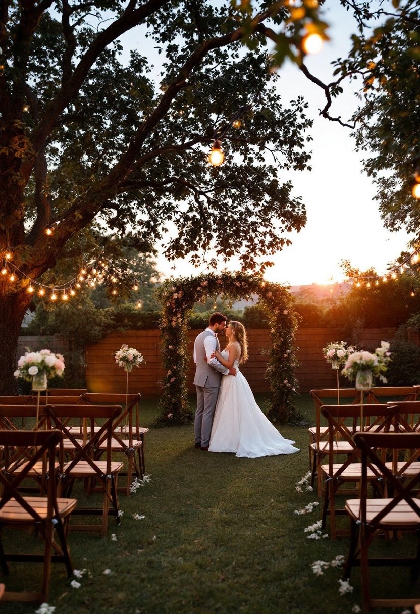 25 Backyard Wedding Ideas On A Budget 18 Sunset ceremony with lighting