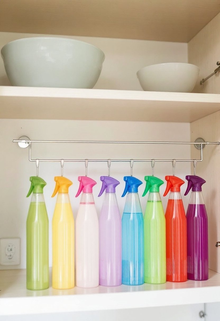 17 Brilliant Kitchen Cabinet Organization Hacks 12 Tension rods spray bottle storage