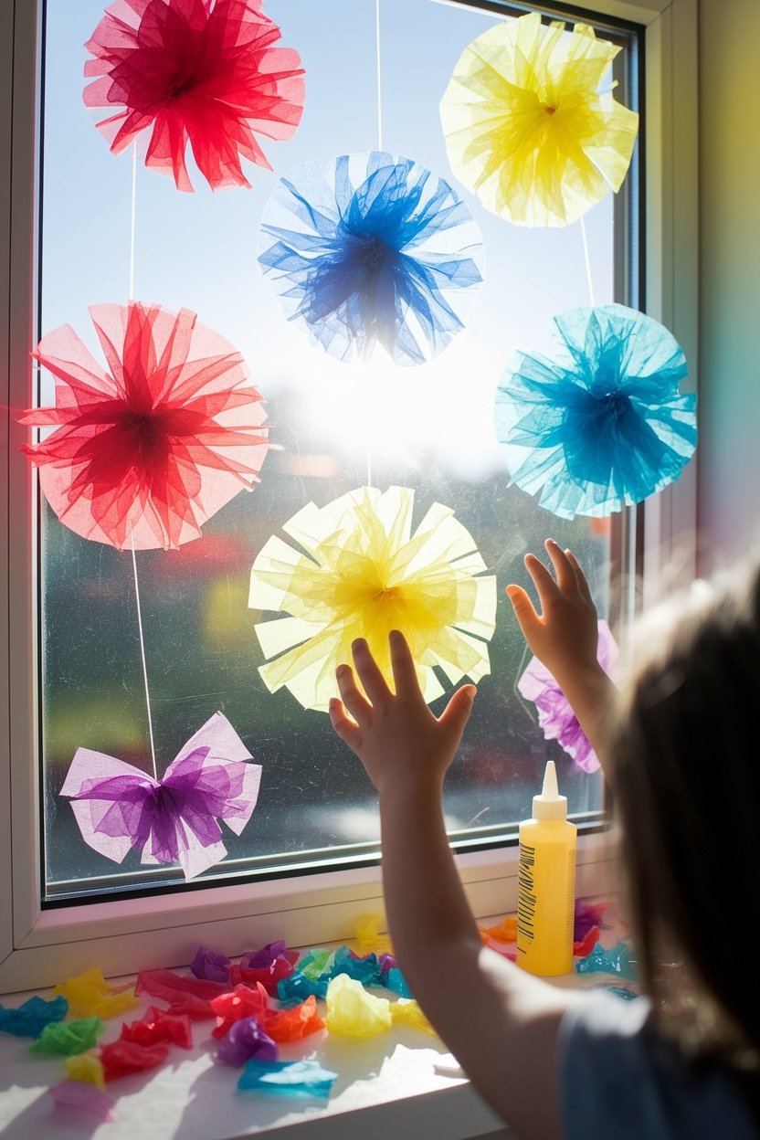 15 Easy Kids Art Projects That Keep Them Busy For Hours 12 Tissue paper sun catchers