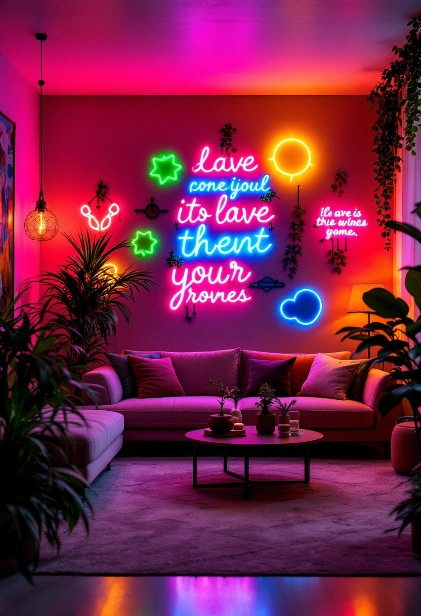 20 Stunning Living Room Wall Decor Ideas 17 Vibrant custom neon decor
