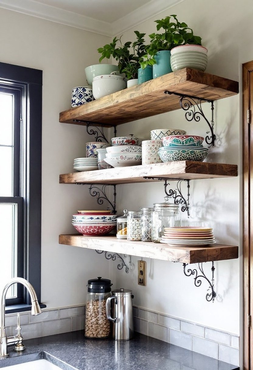 20 Stylish Kitchen Open Shelving Ideas 14 Vintage brackets open shelving