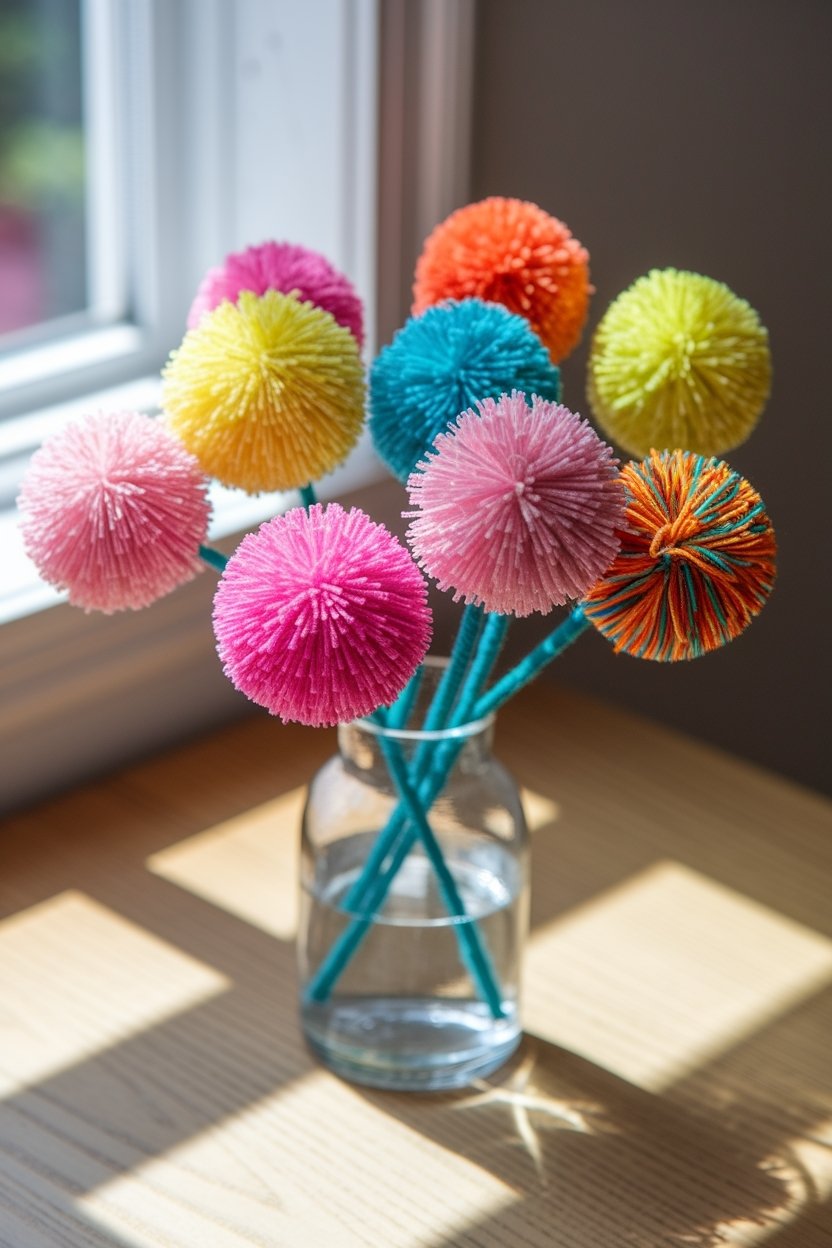 12 Fun Pom Pom Crafts To Brighten Up Your Day 7 Yarn ball flower bouquet