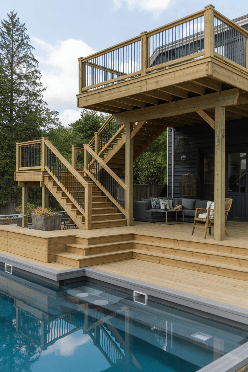 10 Above Ground Pool Deck Ideas To Transform Your Backyard 3 2. Multi-level deck for dynamic space