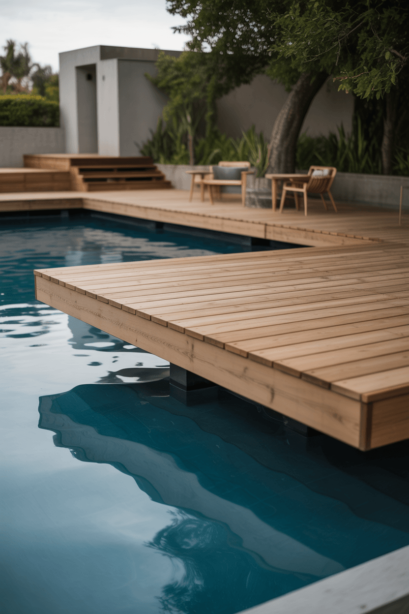 10 Above Ground Pool Deck Ideas To Transform Your Backyard 4 3. Minimalist floating deck for a modern look