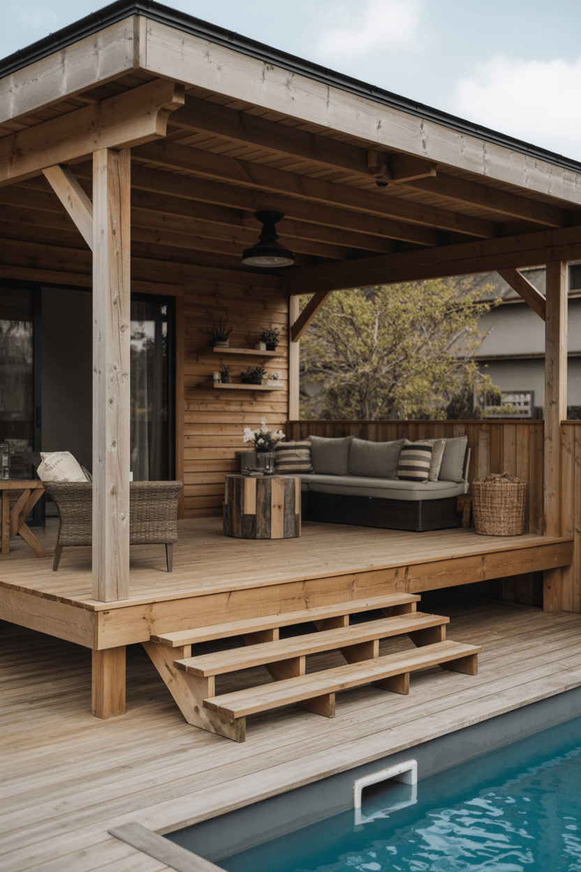 10 Above Ground Pool Deck Ideas To Transform Your Backyard 5 4. Rustic wood deck for a cozy vibe