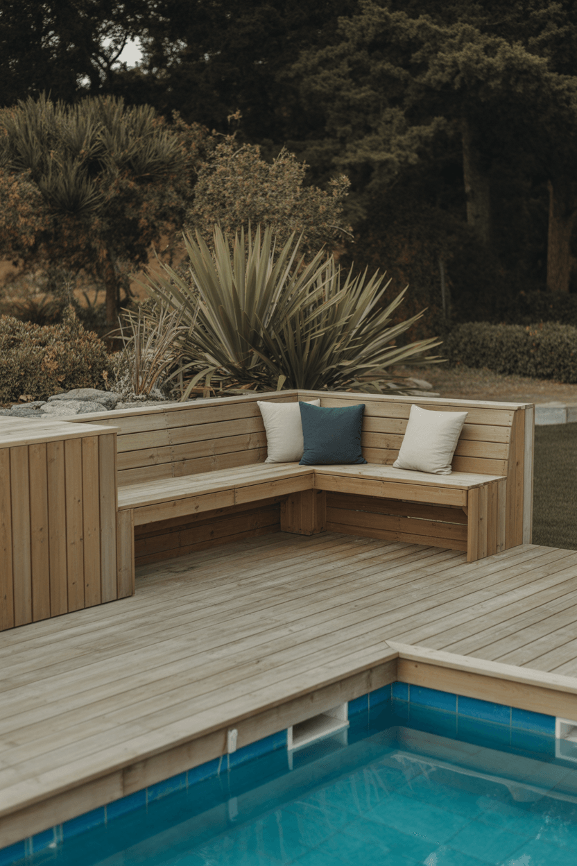 10 Above Ground Pool Deck Ideas To Transform Your Backyard 8 7. Deck with built-in seating for extra comfort