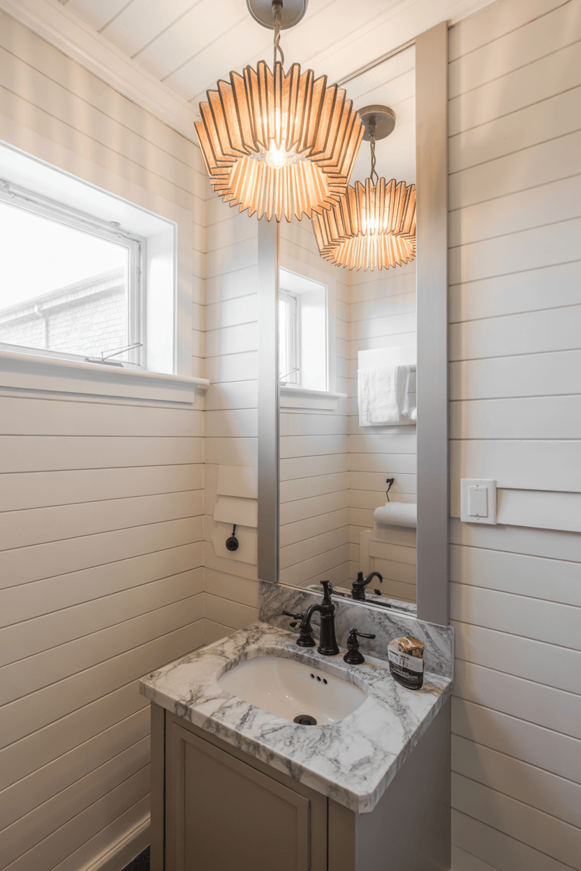 15 Small Powder Room Ideas To Maximize Style And Function 7 6. Choose a statement light fixture