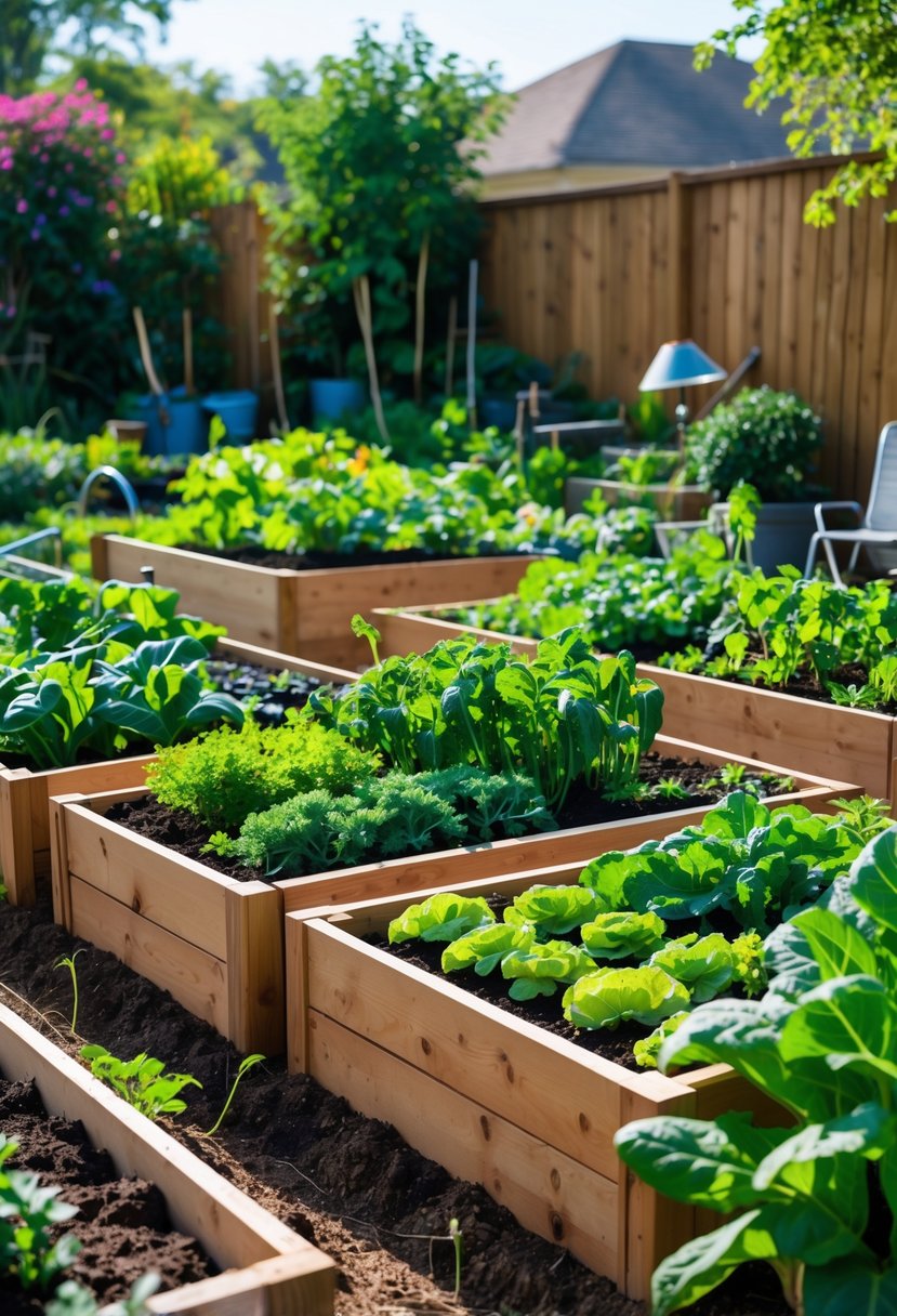 15 Easy Home Garden Ideas You Can Diy Today 2 Backyard with several raised wooden garden beds filled with plants and vegetables.