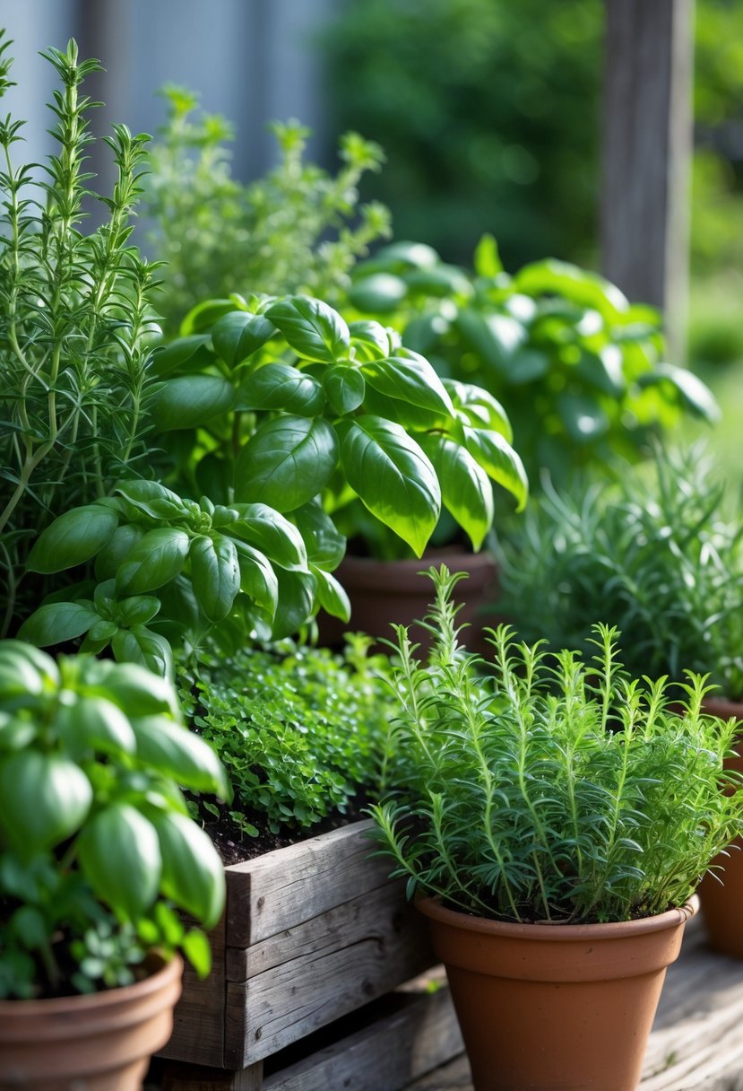 15 Easy Home Garden Ideas You Can Diy Today 4 A home herb garden with basil, thyme, and rosemary plants growing in wooden planters and pots.
