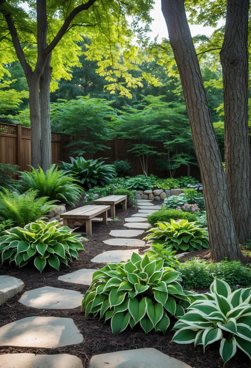 15 Easy Home Garden Ideas You Can Diy Today 7 A shaded home garden with green ferns and hostas growing among stone pathways and trees.