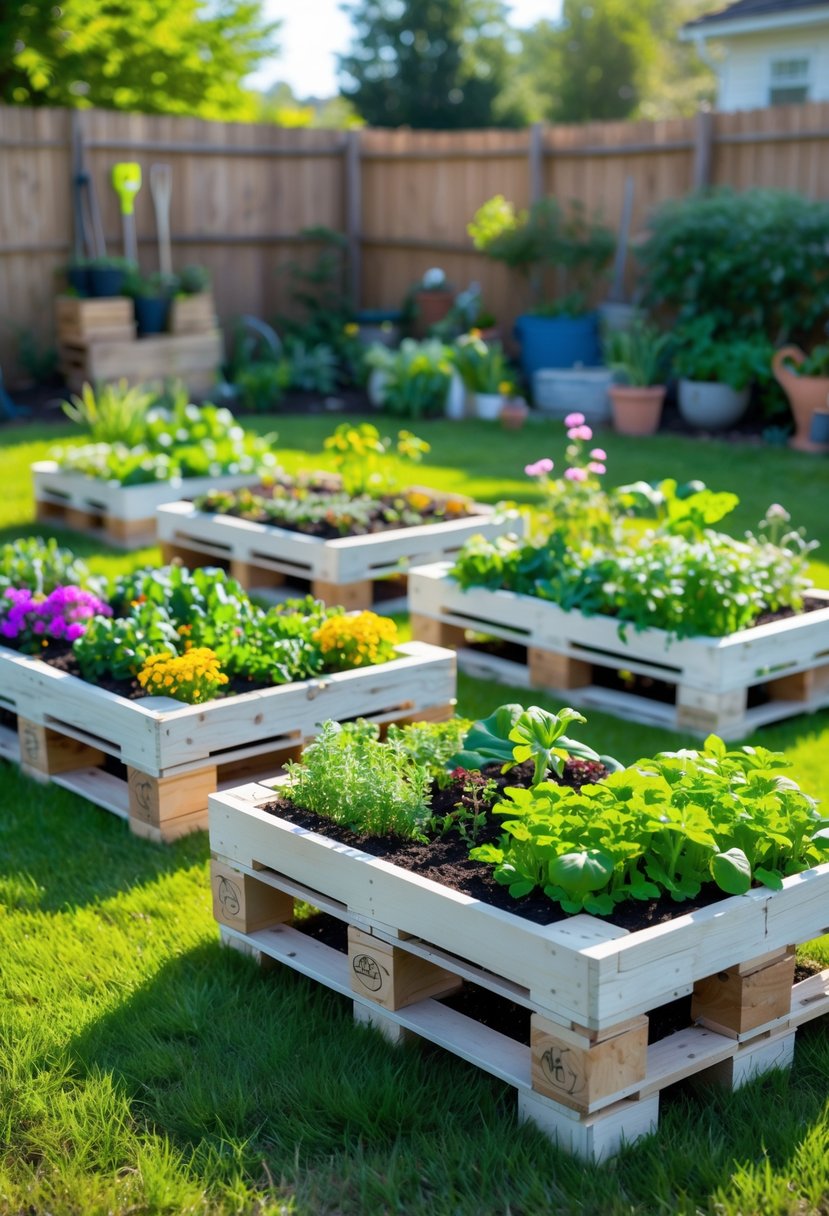15 Easy Home Garden Ideas You Can Diy Today 9 A backyard with several wooden pallet garden planters filled with flowers, herbs, and vegetables under natural sunlight.