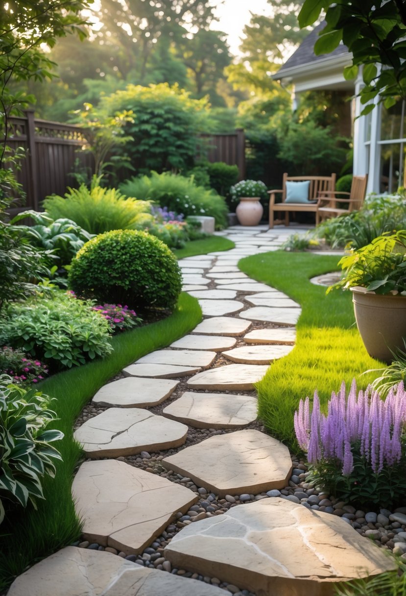 15 Easy Home Garden Ideas You Can Diy Today 12 A winding natural stone path surrounded by green plants and flowers in a home garden.
