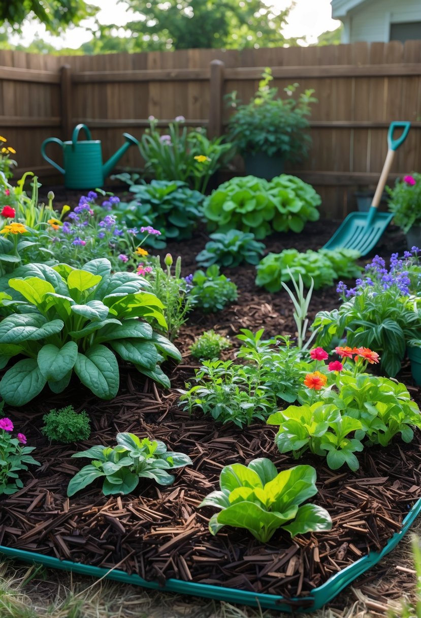 15 Easy Home Garden Ideas You Can Diy Today 13 A home garden bed covered with dark mulch around green plants and flowers, with garden tools and a wooden fence in the background.