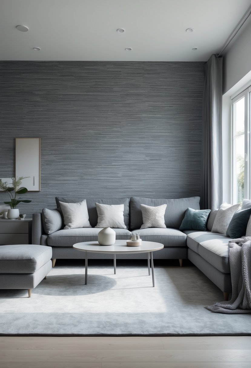 20 Stylish Gray Living Room Ideas For A Modern Cozy Look 2 Living room with gray textured wallpaper, gray sofa, coffee table, and natural lighting.