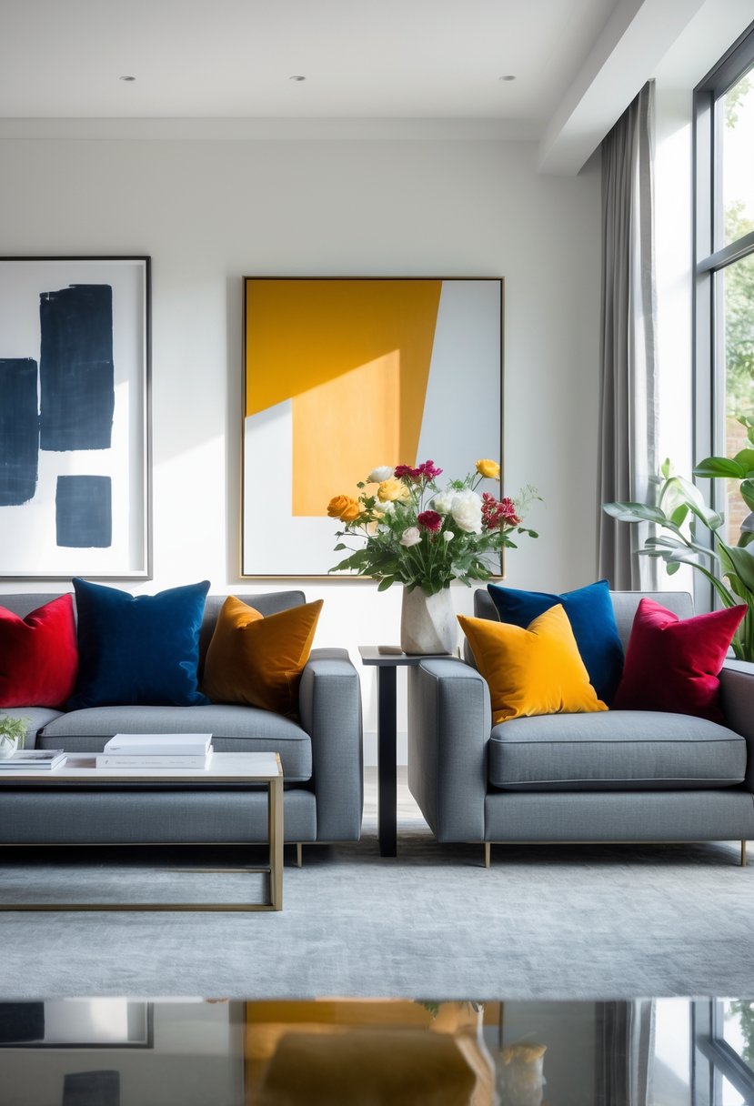 20 Stylish Gray Living Room Ideas For A Modern Cozy Look 3 A living room with two gray sofas facing each other, each with colorful accent pillows, a coffee table in between, and plants and artwork in the background.