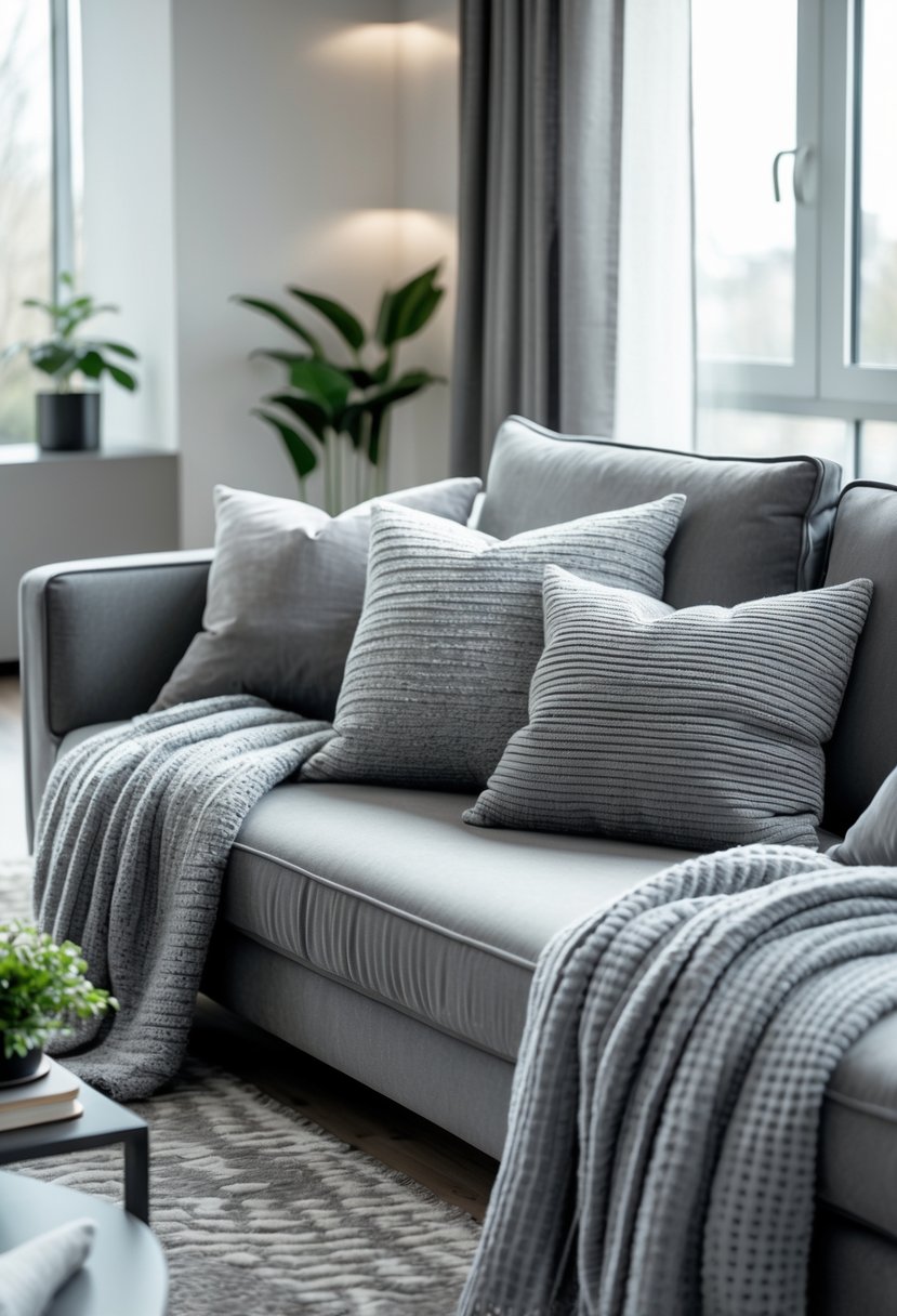 20 Stylish Gray Living Room Ideas For A Modern Cozy Look 6 A living room with a gray sofa layered with soft gray cushions and a throw blanket, illuminated by natural light.