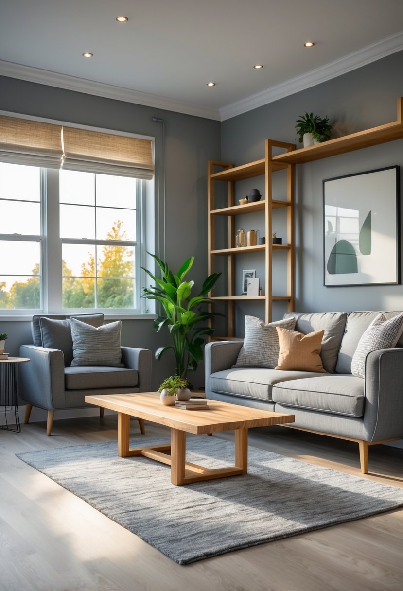 20 Stylish Gray Living Room Ideas For A Modern Cozy Look 8 A living room with a gray sofa, natural wood coffee table, wooden shelves, and large windows letting in natural light.