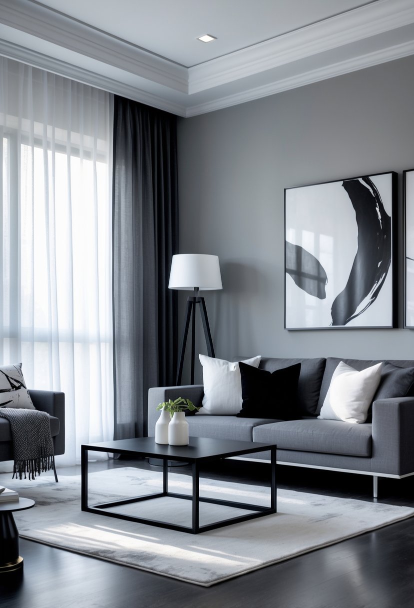 20 Stylish Gray Living Room Ideas For A Modern Cozy Look 9 A living room with a gray sofa, black and white pillows, a black coffee table, and large windows letting in natural light.