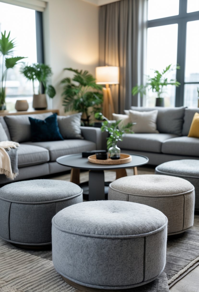 20 Stylish Gray Living Room Ideas For A Modern Cozy Look 18 A living room with several gray wool ottomans arranged near a sofa and a coffee table, with plants and natural light filling the space.