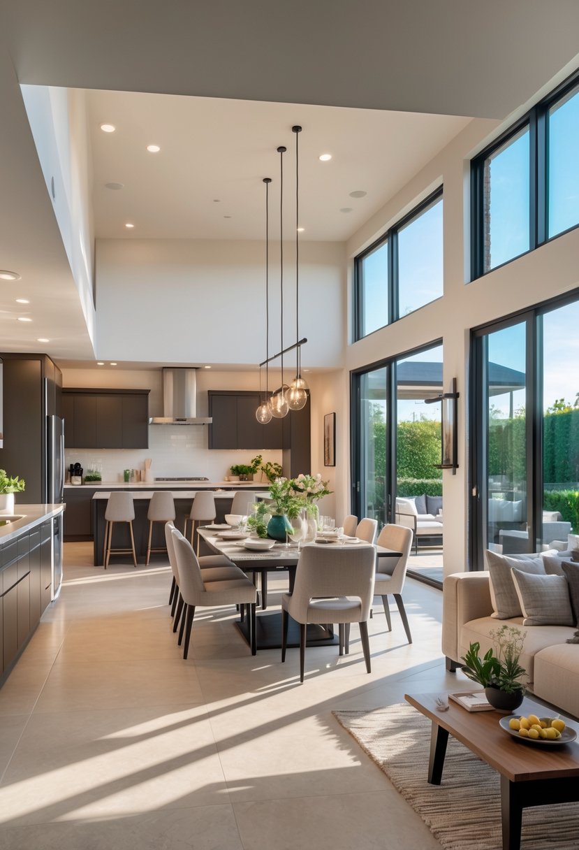 15 Modern Open Kitchen Designs For A Spacious Look 7 An open kitchen connected to dining and living areas with a kitchen island, dining table, sofa, and large windows letting in natural light.
